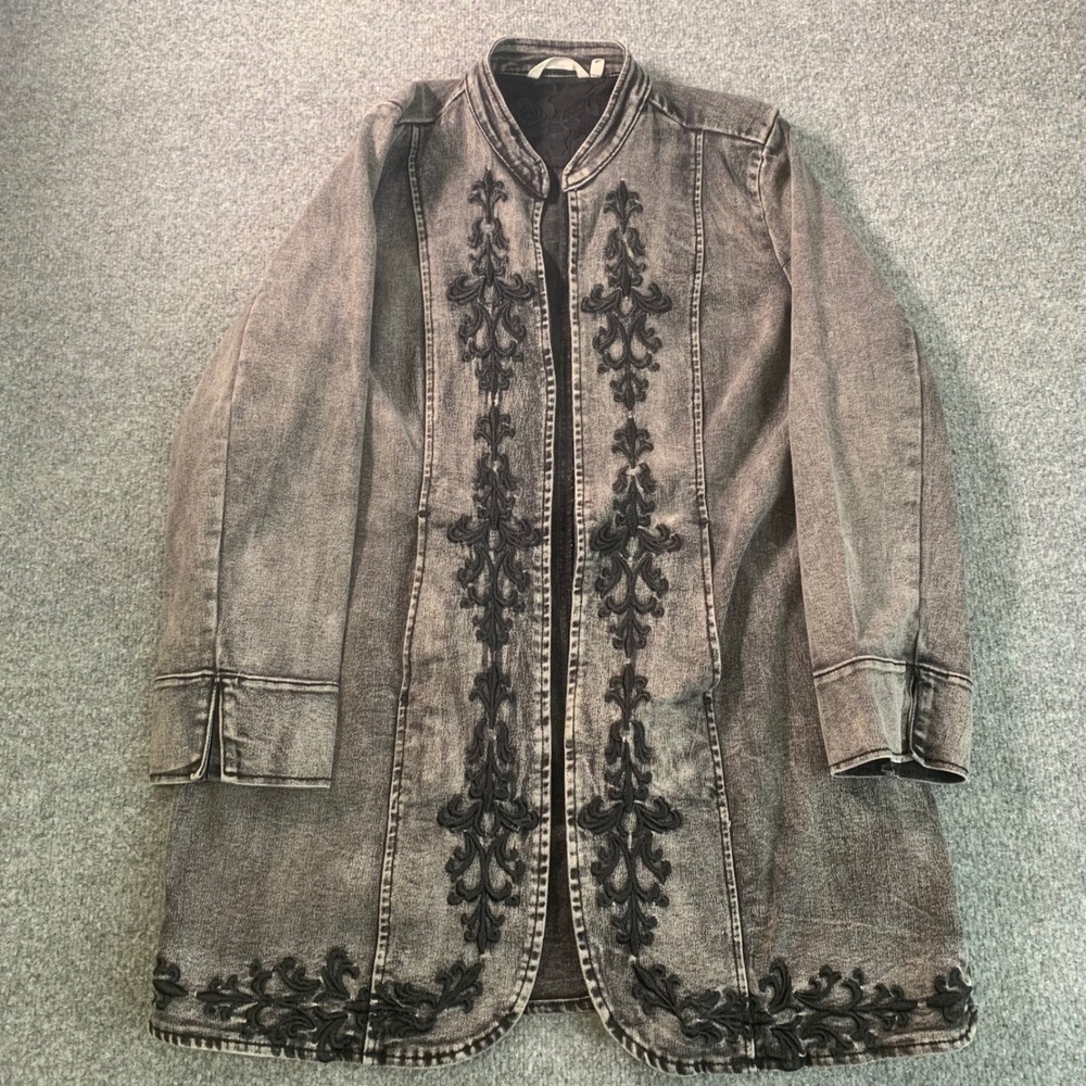 Soft Surroundings Gray Acid Wash Embroidered Denim Duster Jacket Large L